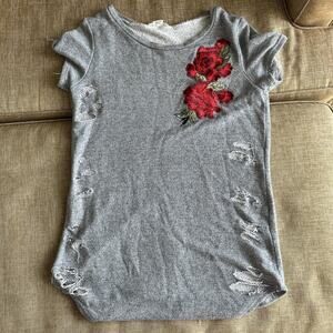 Urban Rebel Gray Distressed Boat Neck Tunic Embroidered Rose Scoop Neck Size L